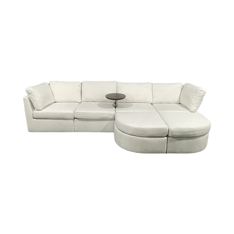 How does a fabric multi-person sofa interpret comfort and environmental protection in modern homes with its linen material and human-centered design?